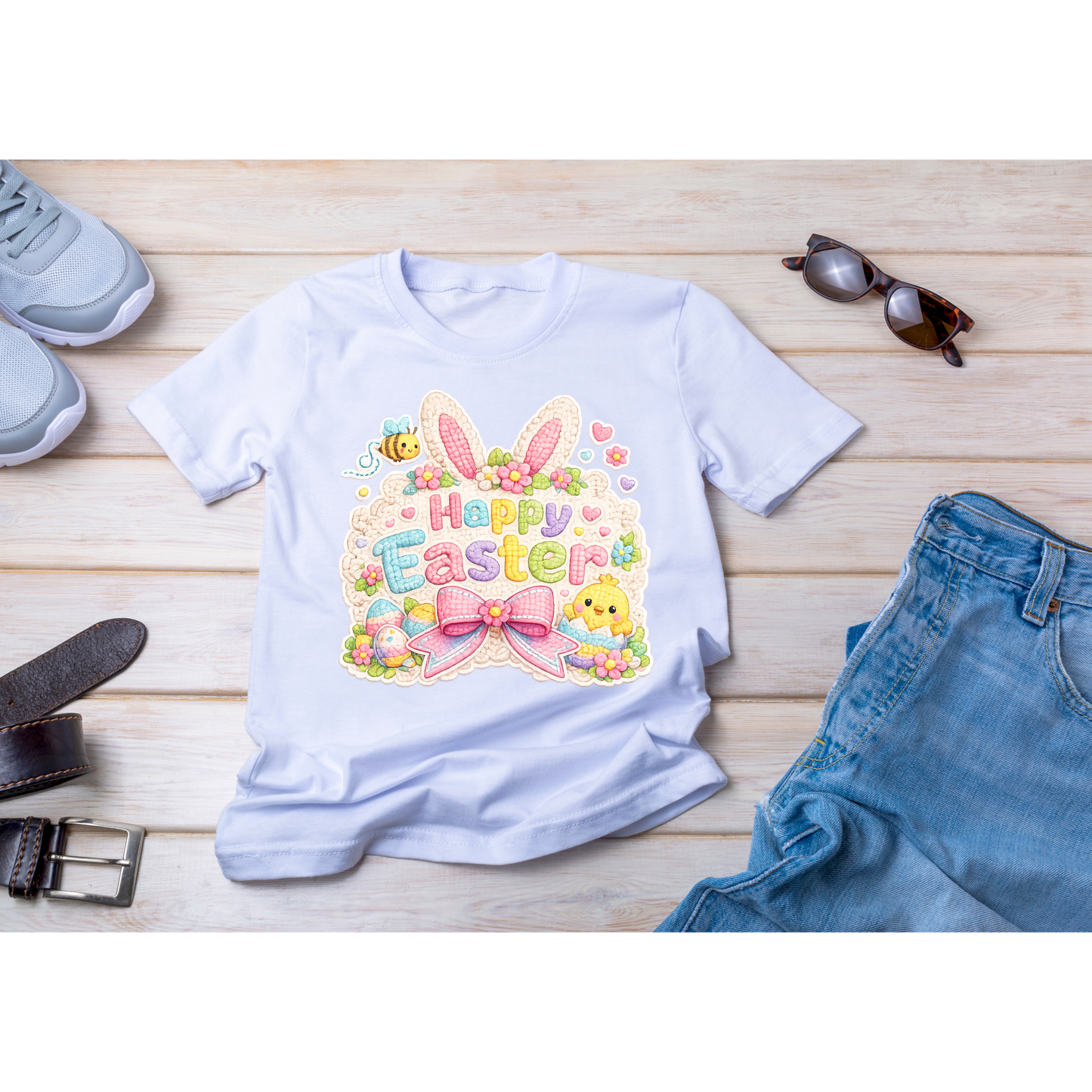 “Happy Easter” Bunny Patch Style Graphic Tee – Cute Pastel Spring Shirt Kendra's Self-Made Originations