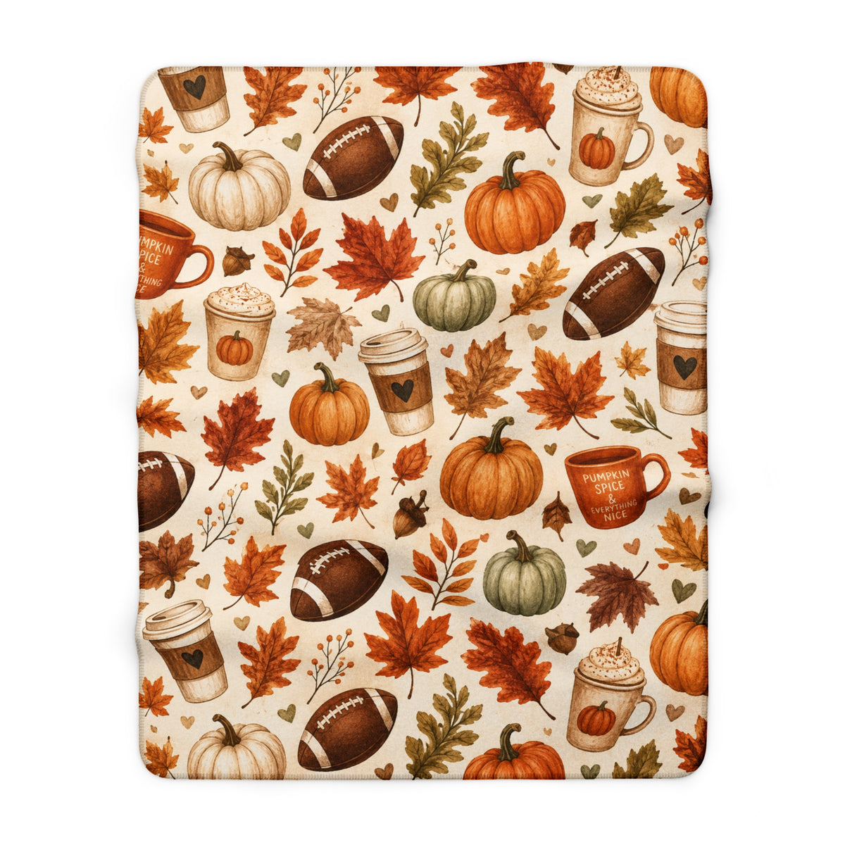 Autumn Cozy Sherpa Blanket — Pumpkin, Leaves & Coffee Fall Throw Printify