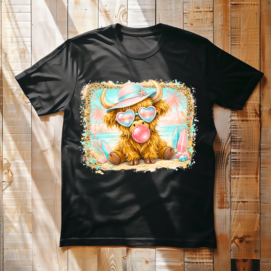 Cute Beach Cow Graphic Tee | Highland Cow Summer Shirt | Funny Cow with Sunglasses T-Shirt | Tropical Cow Aesthetic Tee