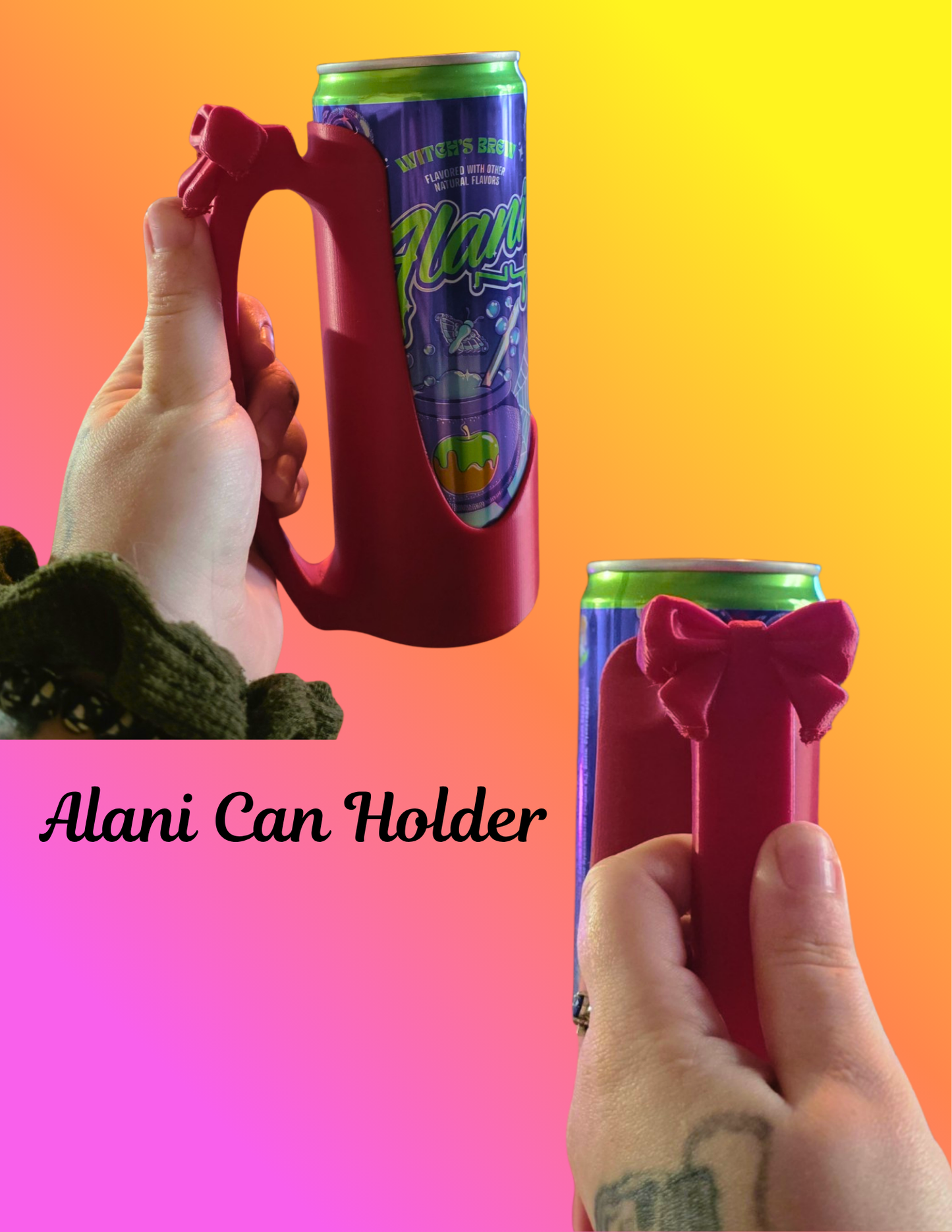3D Printed Can Holder w/ Bow Handle | Alani Nu Red Bull Holder | Cute Drink Grip | No-Spill Can Holder | Custom Color Cup Grip Kendra's Self-Made Originations