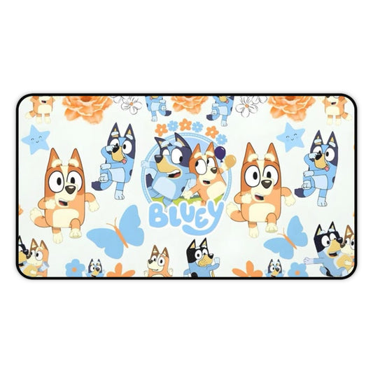 Bluey Pattern Desk Mat — Cute Bluey & Bandit Cartoon Mouse Pad for Kids Printify