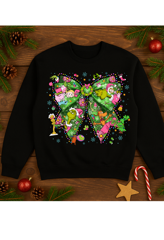 🎄✨ Grinch Bow Christmas Sweatshirt – Holiday Cutie with Whoville Vibes! ✨🎄