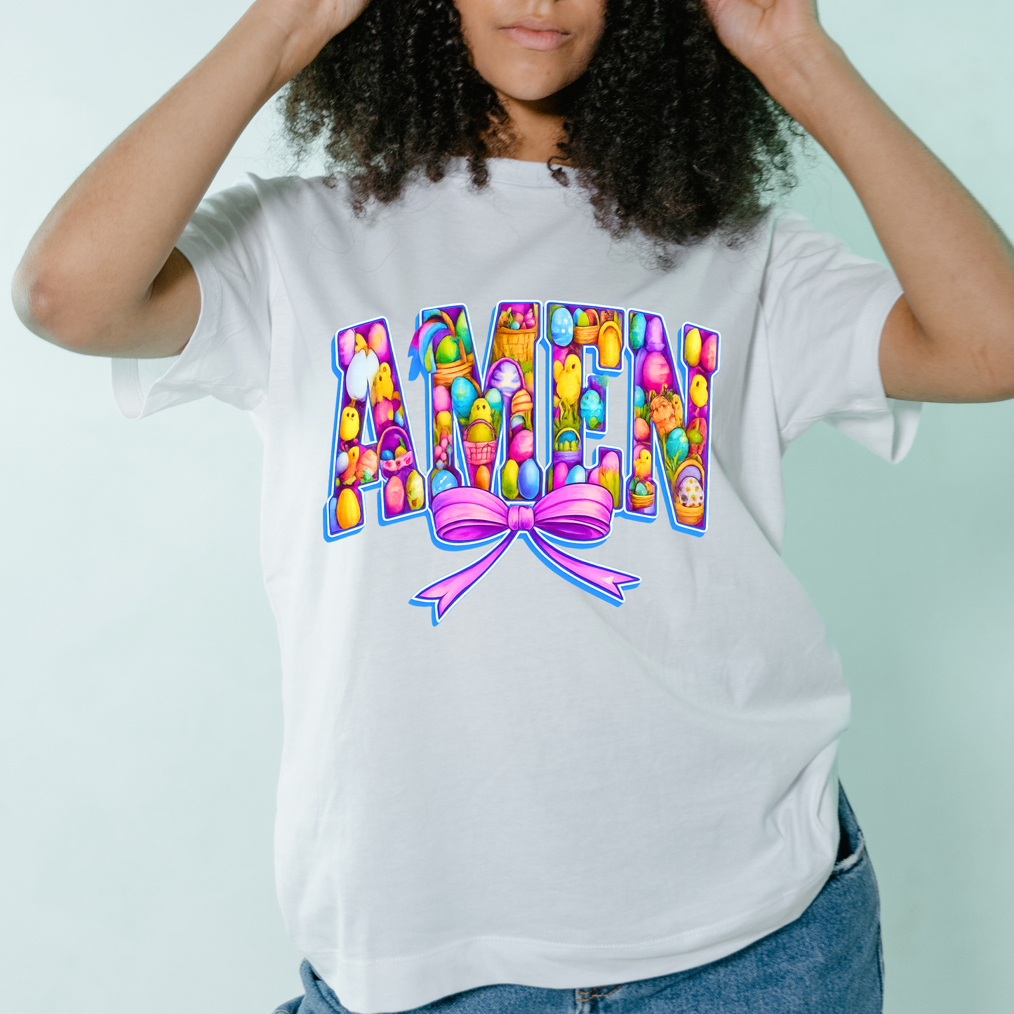 “AMEN” Easter Graphic Tee – Colorful Easter Egg Lettering with Bow Kendra's Self-Made Originations