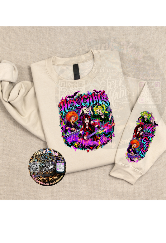 Retro Goth Girl Band Sweatshirt | Spooky Rock Band Graphic Shirt | Halloween Sleeve Design Crewneck Kendra's Self-Made Originations