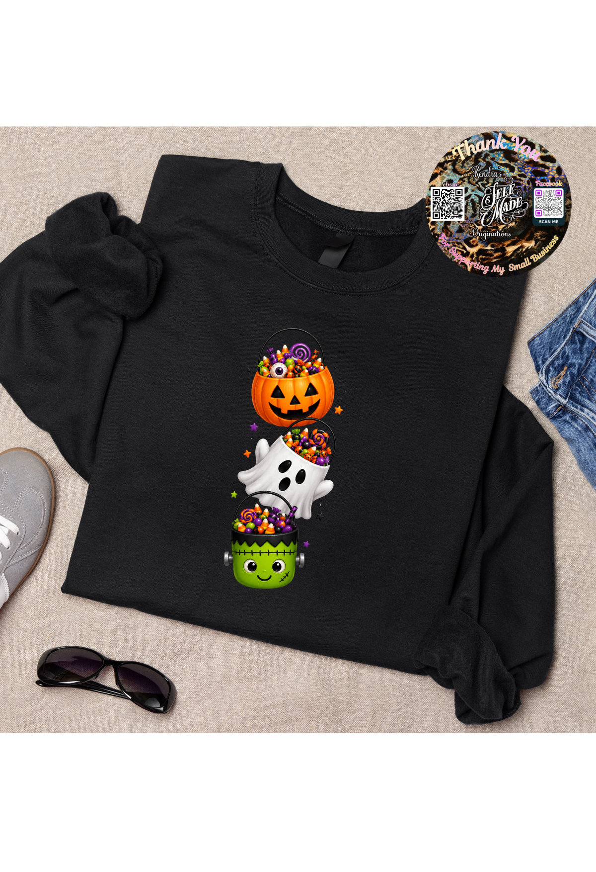 Halloween Candy Bucket Trio Sweatshirt | Pumpkin, Ghost & Frankenstein Spooky Season Shirt Kendra's Self-Made Originations