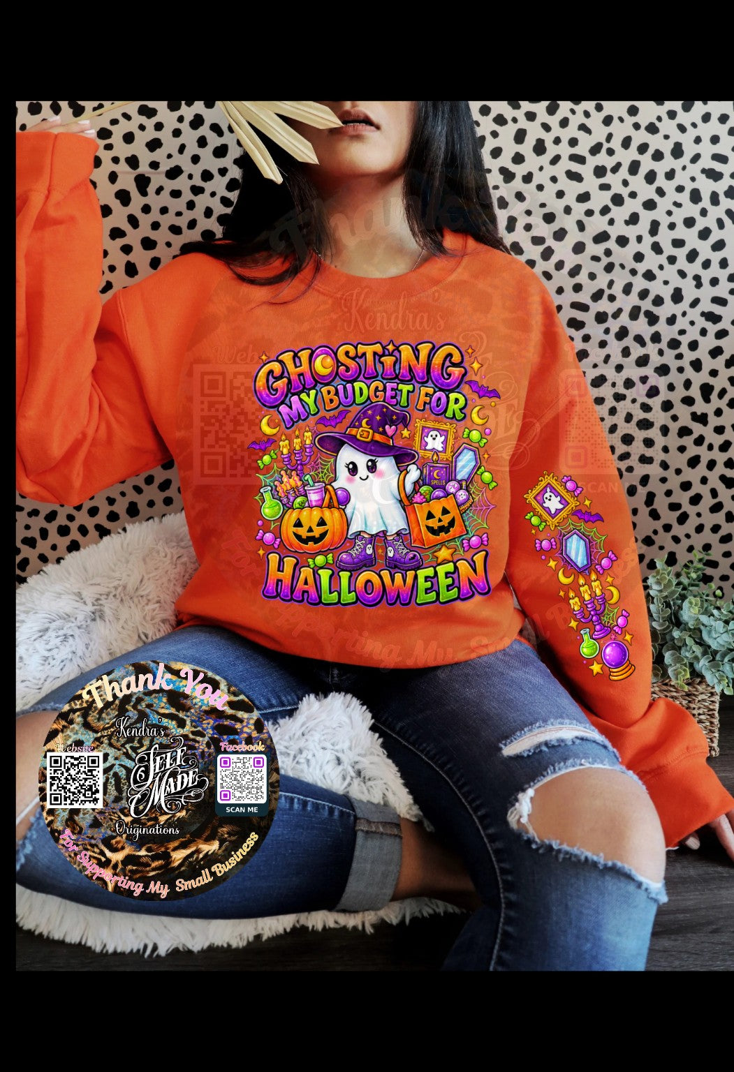 Ghosting My Budget for Halloween Sweatshirt | Funny Halloween Ghost Shirt | Cute Spooky Matching Sleeve Design Kendra's Self-Made Originations