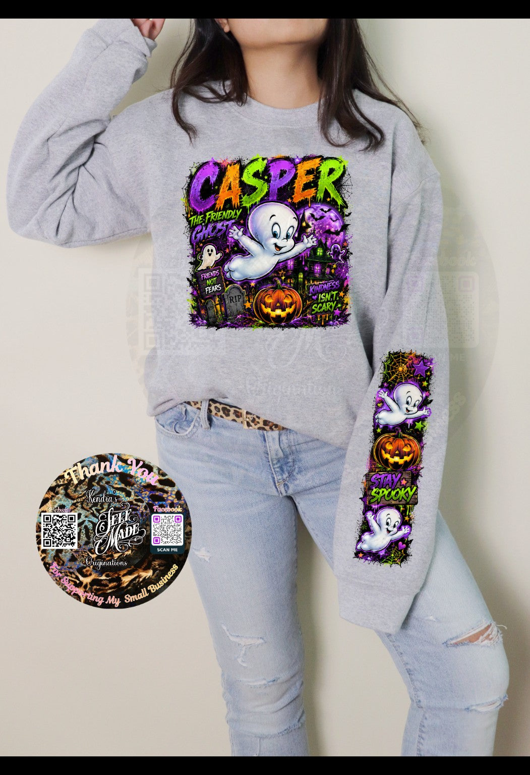 Casper the Friendly Ghost Halloween Sweatshirt | Retro Spooky Graphic Shirt | Matching Sleeve Design Kendra's Self-Made Originations