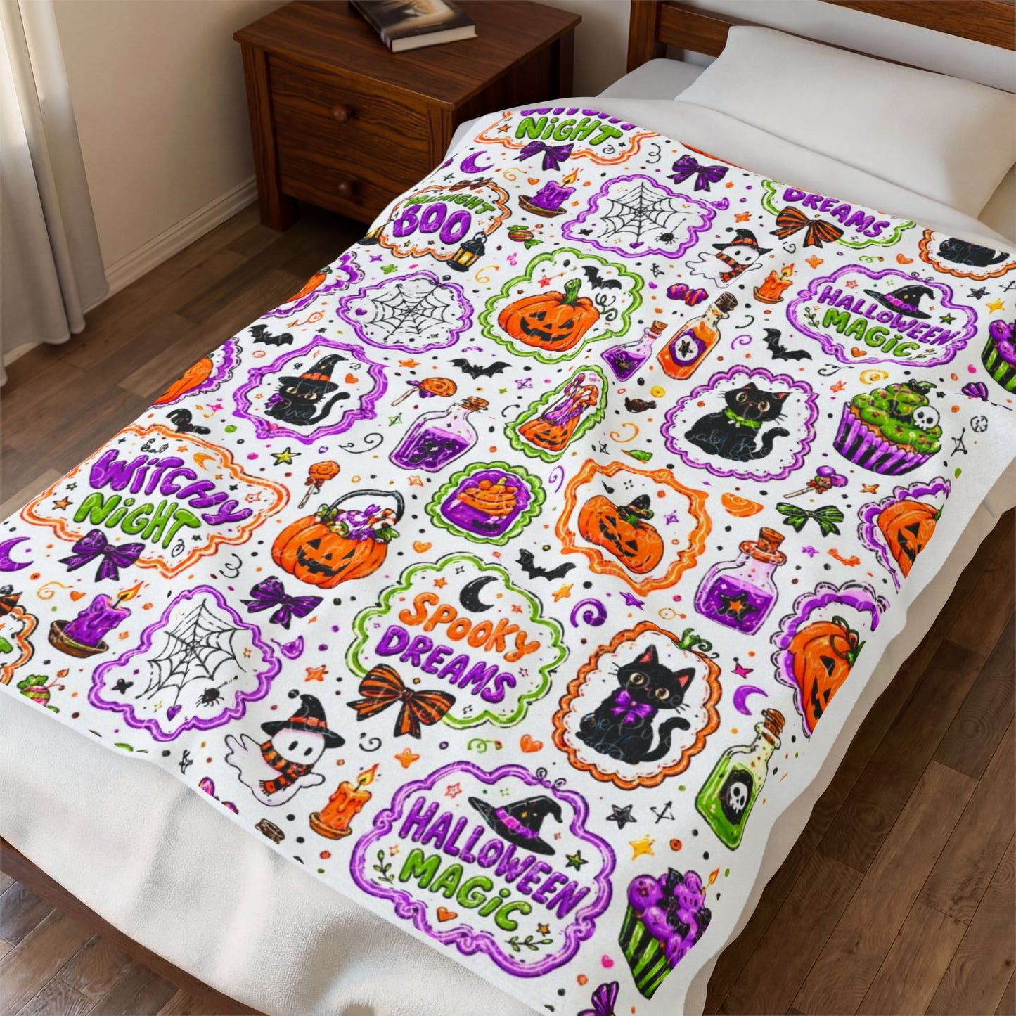 Halloween Patchwork Velveteen Plush Blanket — Witchy Night & Spooky Dreams Pattern Printify