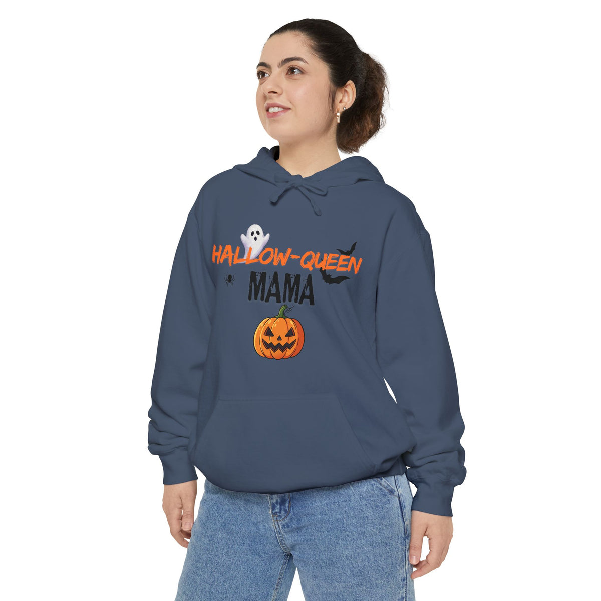 Hallow-Queen Mama Hoodie — Embroidered - Halloween Pumpkin Mom Sweatshirt Printify