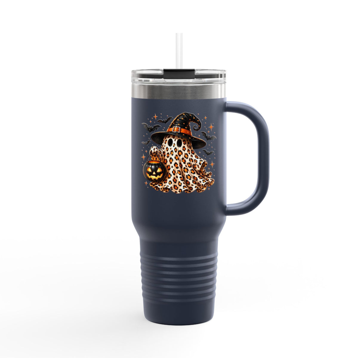 40oz Insulated Travel Mug — Leopard Print Ghost with Witch Hat Halloween Tumbler Printify