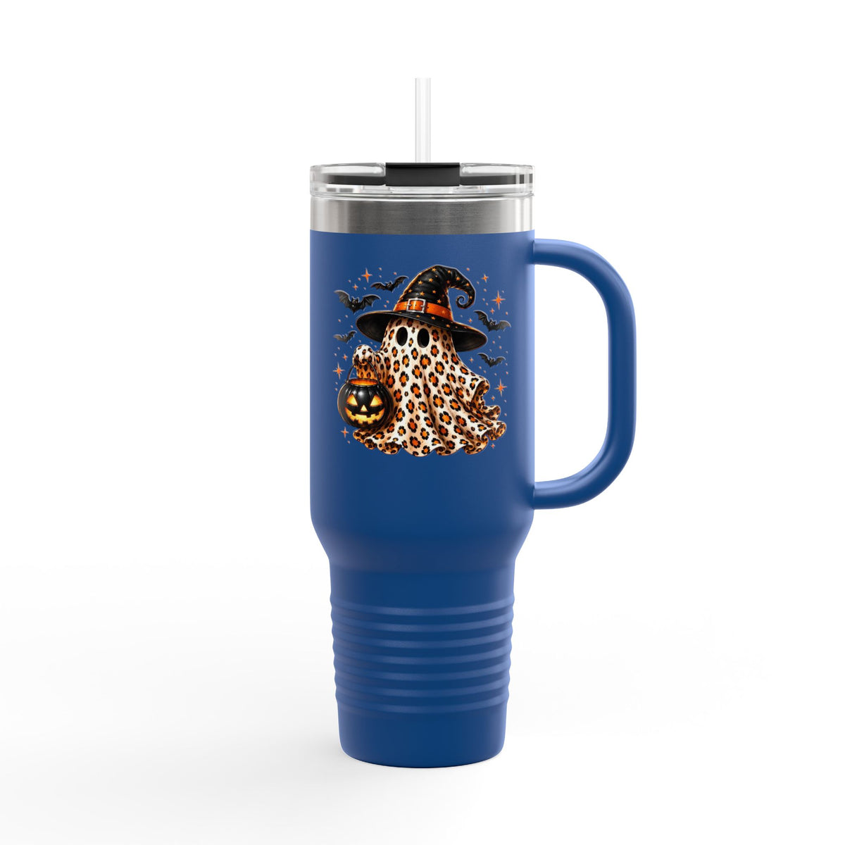 40oz Insulated Travel Mug — Leopard Print Ghost with Witch Hat Halloween Tumbler Printify