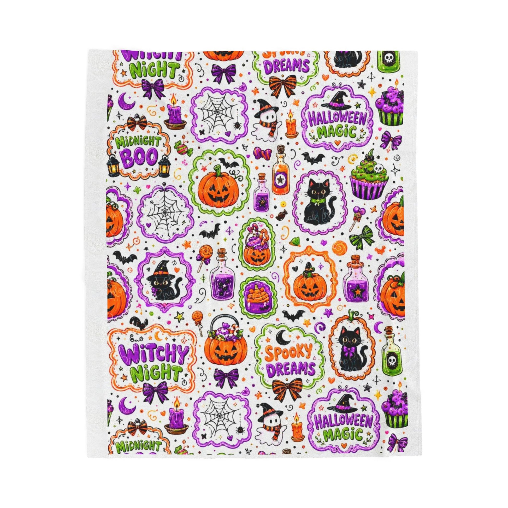 Halloween Patchwork Velveteen Plush Blanket — Witchy Night & Spooky Dreams Pattern Printify