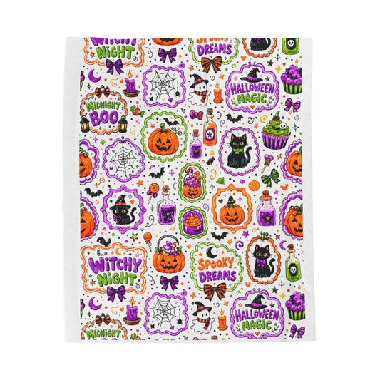 Halloween Patchwork Velveteen Plush Blanket — Witchy Night & Spooky Dreams Pattern Printify