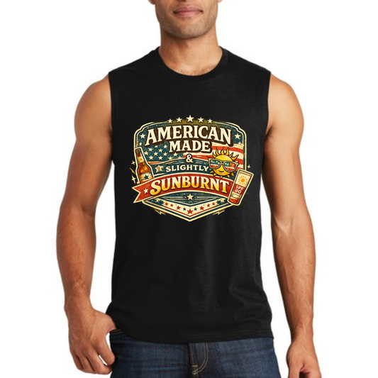 American Made & Slightly Sunburnt Tank Top | Funny Patriotic Summer Shirt | 4th of July Men’s Tank | USA Graphic Tee