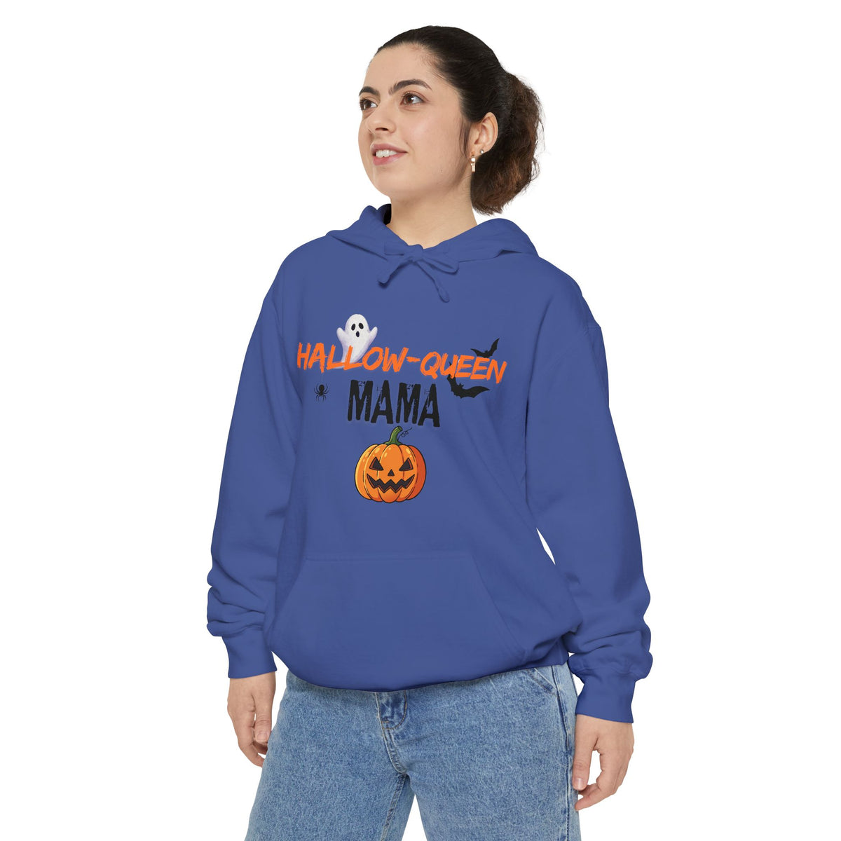 Hallow-Queen Mama Hoodie — Embroidered - Halloween Pumpkin Mom Sweatshirt Printify