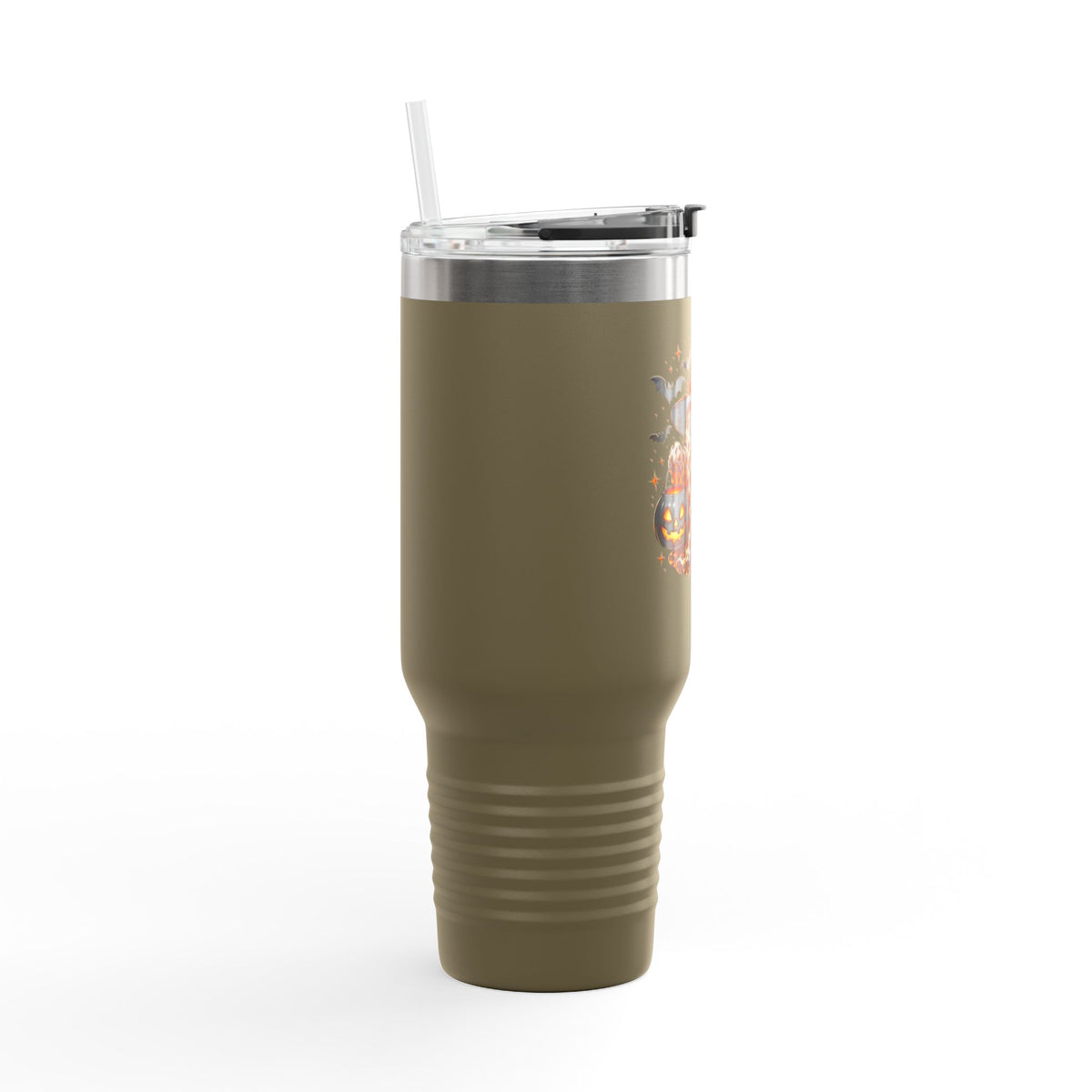 40oz Insulated Travel Mug — Leopard Print Ghost with Witch Hat Halloween Tumbler Printify