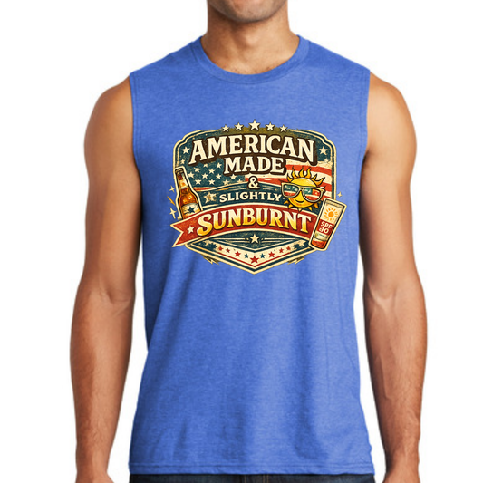 American Made & Slightly Sunburnt Tank Top | Funny Patriotic Summer Shirt | 4th of July Men’s Tank | USA Graphic Tee