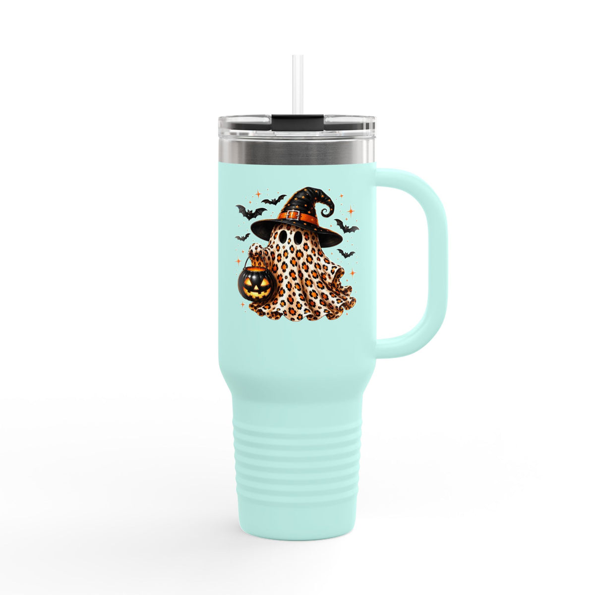 40oz Insulated Travel Mug — Leopard Print Ghost with Witch Hat Halloween Tumbler Printify