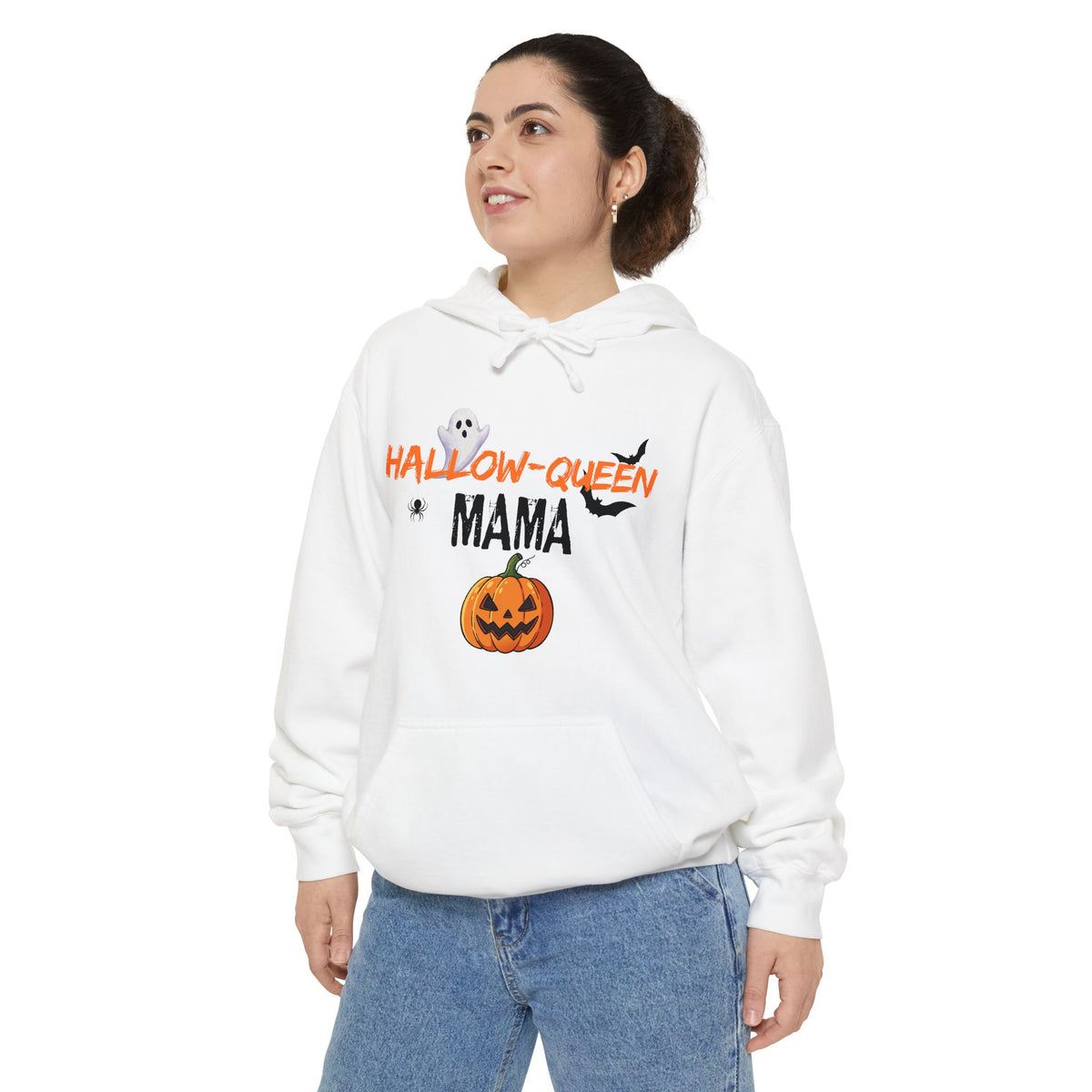 Hallow-Queen Mama Hoodie — Embroidered - Halloween Pumpkin Mom Sweatshirt Printify