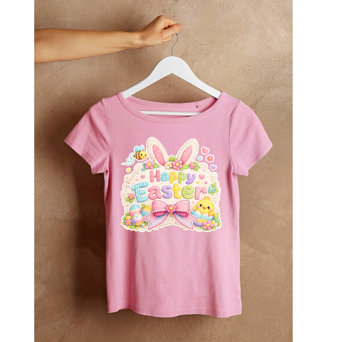 “Happy Easter” Bunny Patch Style Graphic Tee – Cute Pastel Spring Shirt Kendra's Self-Made Originations