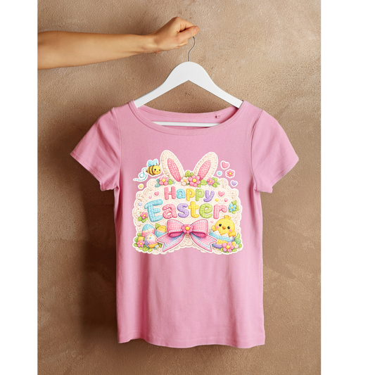 “Happy Easter” Bunny Patch Style Graphic Tee – Cute Pastel Spring Shirt Kendra's Self-Made Originations