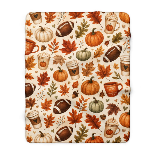 Autumn Cozy Sherpa Blanket — Pumpkin, Leaves & Coffee Fall Throw Printify