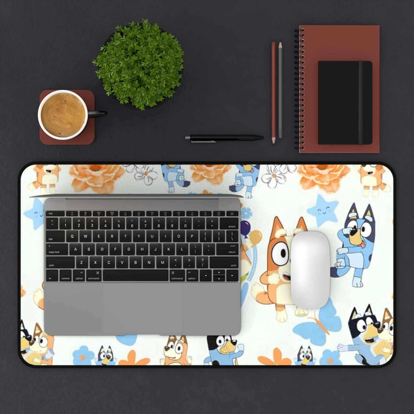 Bluey Pattern Desk Mat — Cute Bluey & Bandit Cartoon Mouse Pad for Kids Printify
