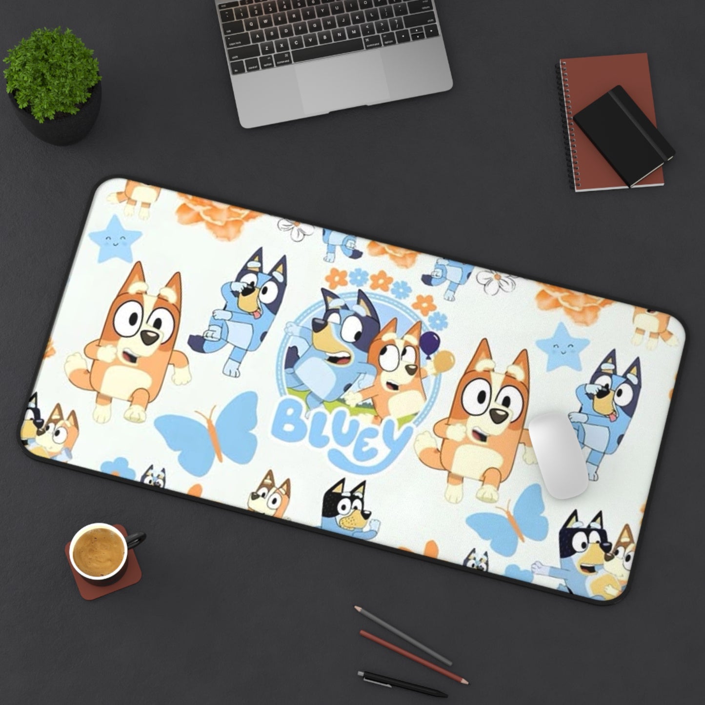 Bluey Pattern Desk Mat — Cute Bluey & Bandit Cartoon Mouse Pad for Kids Printify