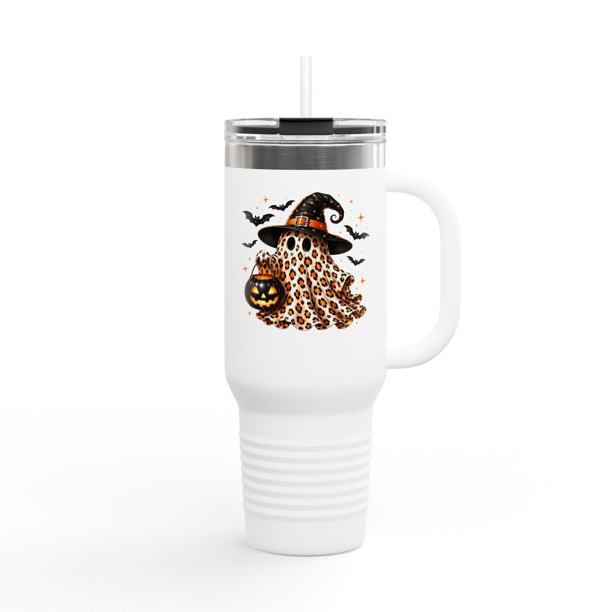 40oz Insulated Travel Mug — Leopard Print Ghost with Witch Hat Halloween Tumbler Printify