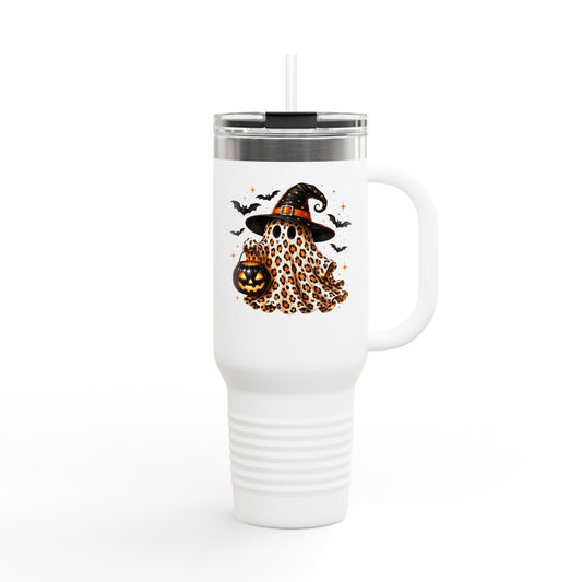 40oz Insulated Travel Mug — Leopard Print Ghost with Witch Hat Halloween Tumbler Printify
