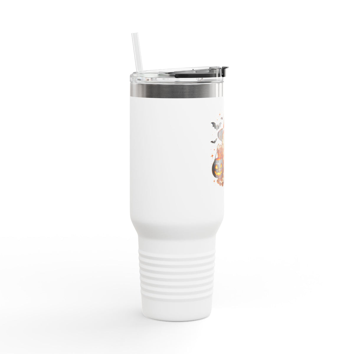40oz Insulated Travel Mug — Leopard Print Ghost with Witch Hat Halloween Tumbler Printify