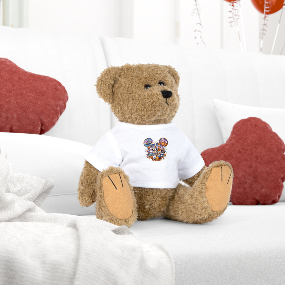 Stuffed Bear with Graphic Tee — Cute Mickey Collage Plush Toy Printify