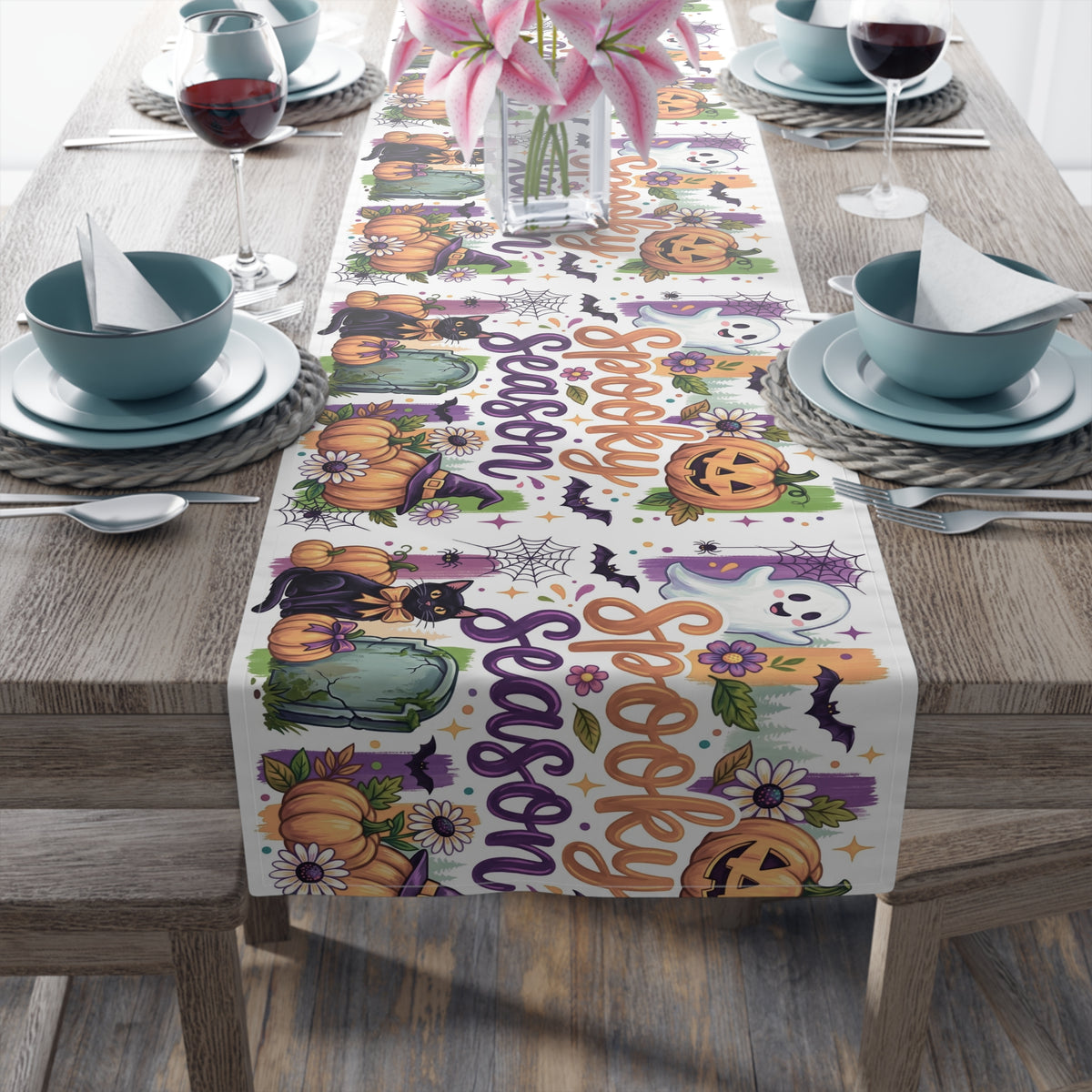 Halloween Table Runner – 'Spooky Season' Pumpkin & Ghost Cotton-Poly Decor Printify