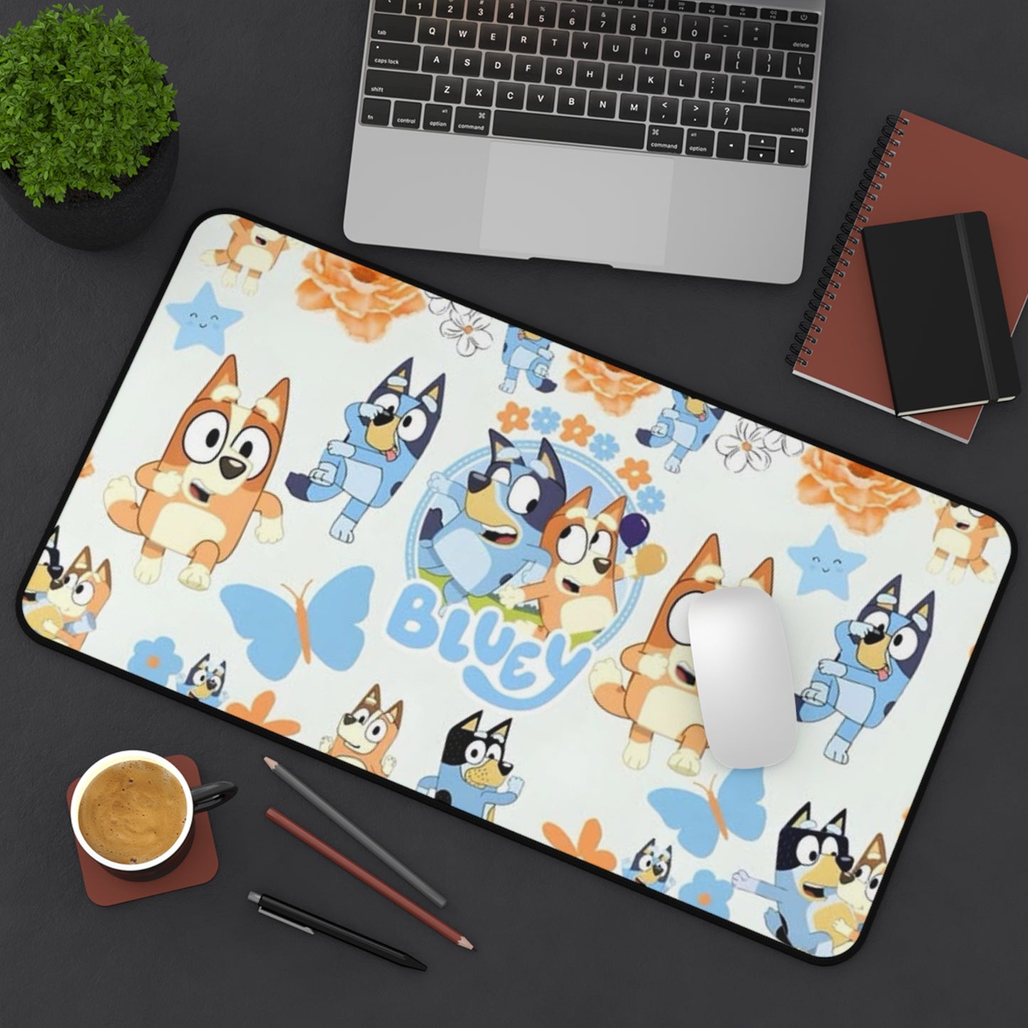 Bluey Pattern Desk Mat — Cute Bluey & Bandit Cartoon Mouse Pad for Kids Printify