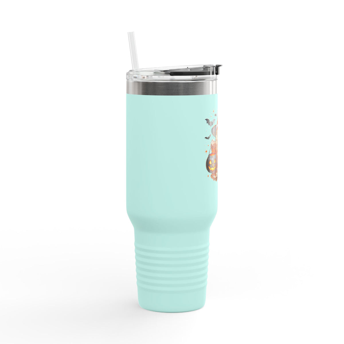 40oz Insulated Travel Mug — Leopard Print Ghost with Witch Hat Halloween Tumbler Printify