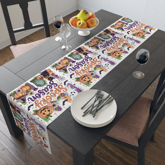 Halloween Table Runner – 'Spooky Season' Pumpkin & Ghost Cotton-Poly Decor Printify