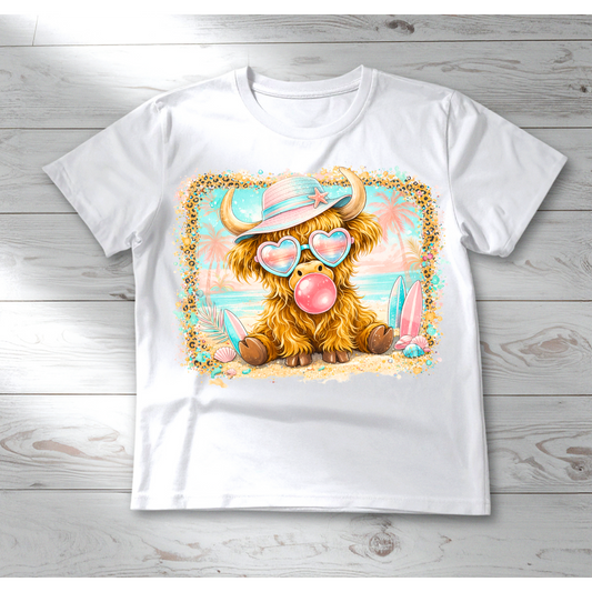 Cute Beach Cow Graphic Tee | Highland Cow Summer Shirt | Funny Cow with Sunglasses T-Shirt | Tropical Cow Aesthetic Tee