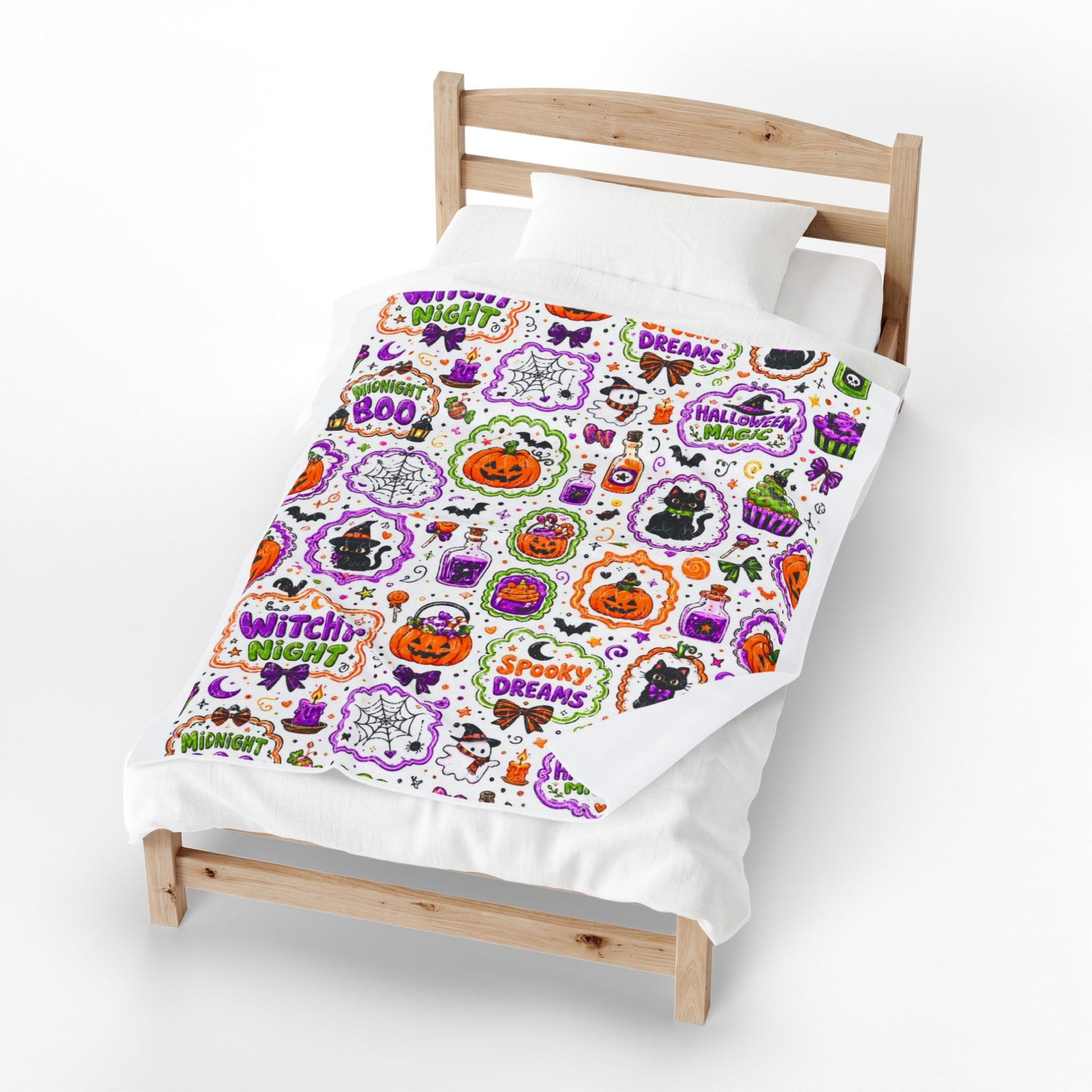 Halloween Patchwork Velveteen Plush Blanket — Witchy Night & Spooky Dreams Pattern Printify