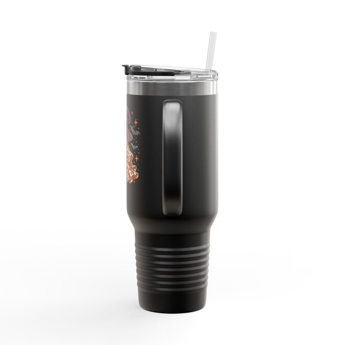 40oz Insulated Travel Mug — Leopard Print Ghost with Witch Hat Halloween Tumbler Printify