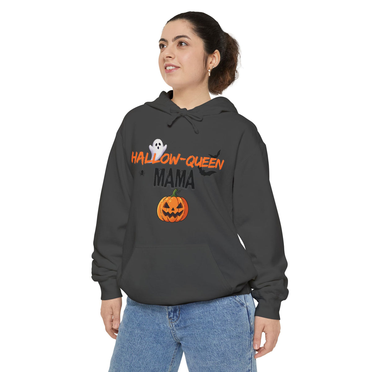 Hallow-Queen Mama Hoodie — Embroidered - Halloween Pumpkin Mom Sweatshirt Printify