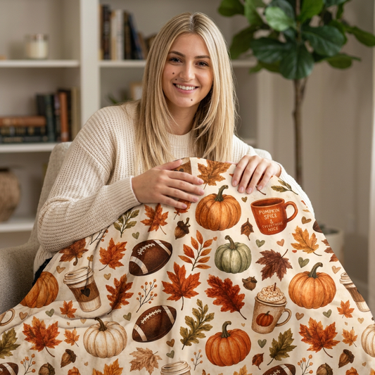Autumn Cozy Sherpa Blanket — Pumpkin, Leaves & Coffee Fall Throw Printify