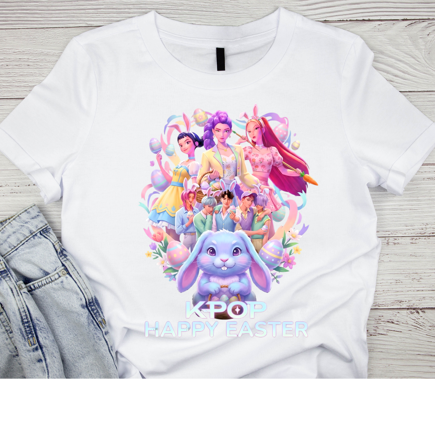 K-Pop Happy Easter Graphic Tee – Pastel Bunny Edition Kendra's Self-Made Originations