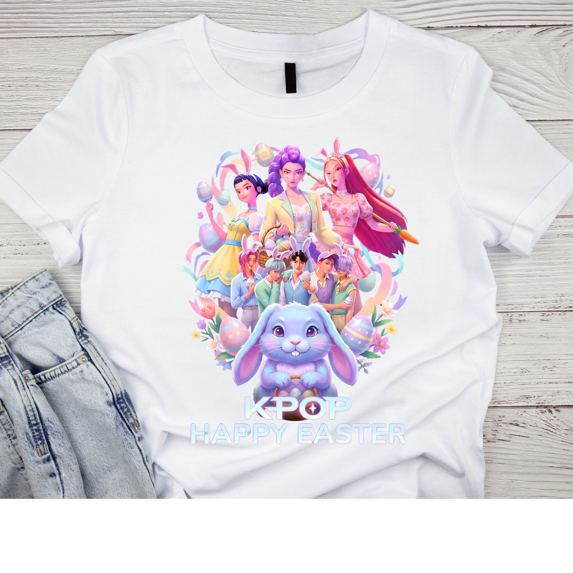 K-Pop Happy Easter Graphic Tee – Pastel Bunny Edition Kendra's Self-Made Originations