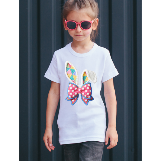 Crochet-Style Easter Bunny Ears T-Shirt - Cute Polka Dot Bow Graphic Tee Kendra's Self-Made Originations