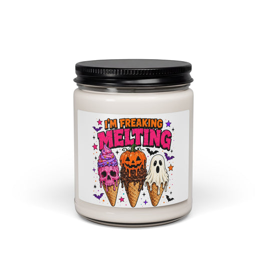 Halloween 'I'm Freaking Melting' Soy Candle - Spooky Ice Cream Pumpkin Ghost Scented Jar (9 oz) Printify