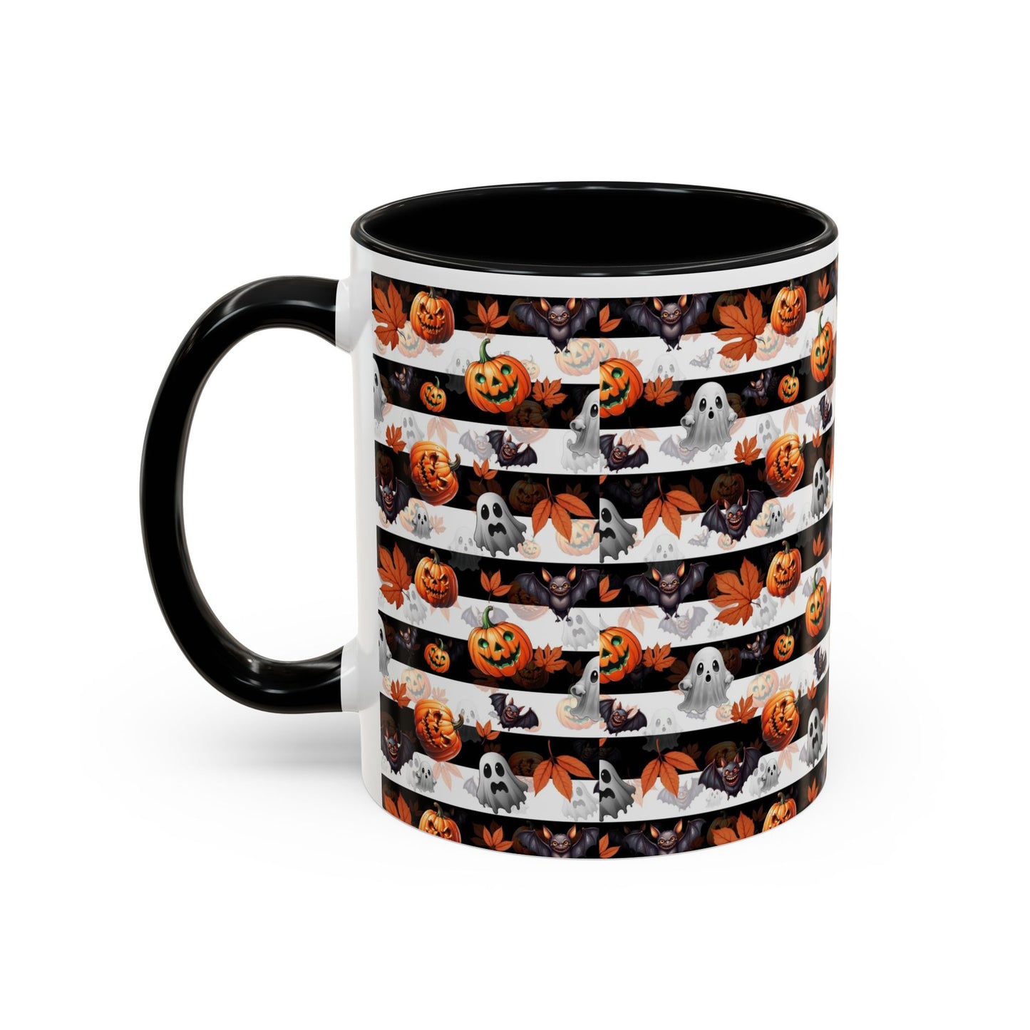 Halloween Striped Ghost & Jack-O'-Lantern Accent Coffee Mug (11/15oz) Printify