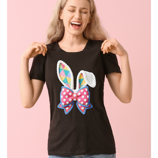 Crochet-Style Easter Bunny Ears T-Shirt - Cute Polka Dot Bow Graphic Tee Kendra's Self-Made Originations