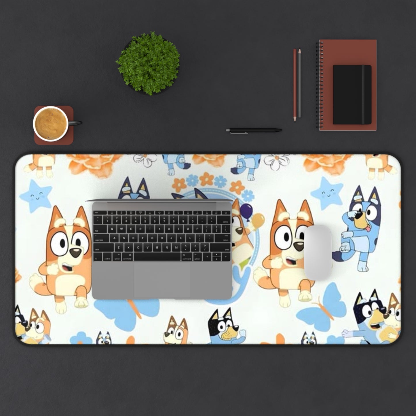 Bluey Pattern Desk Mat — Cute Bluey & Bandit Cartoon Mouse Pad for Kids Printify