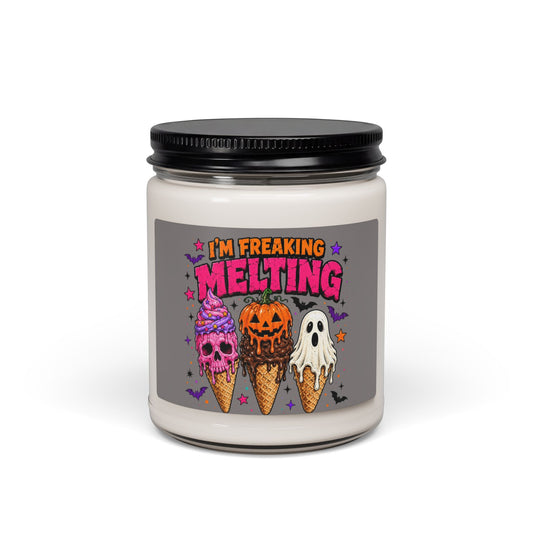 Halloween 'I'm Freaking Melting' Soy Candle - Spooky Ice Cream Pumpkin Ghost Scented Jar (9 oz) Printify