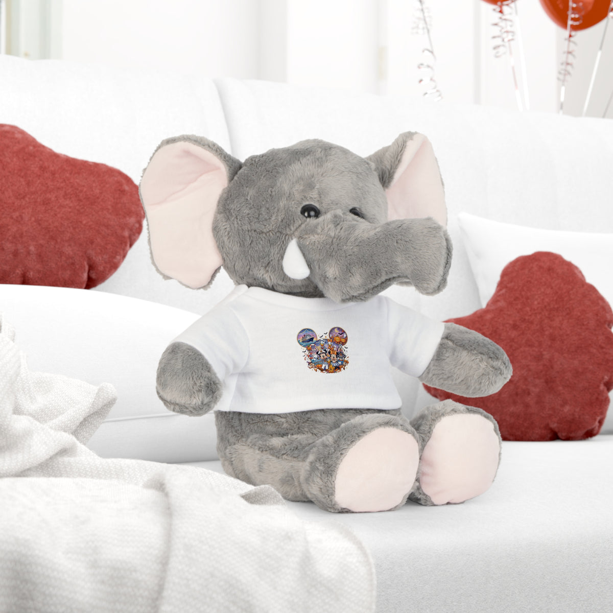 Stuffed Bear with Graphic Tee — Cute Mickey Collage Plush Toy Printify